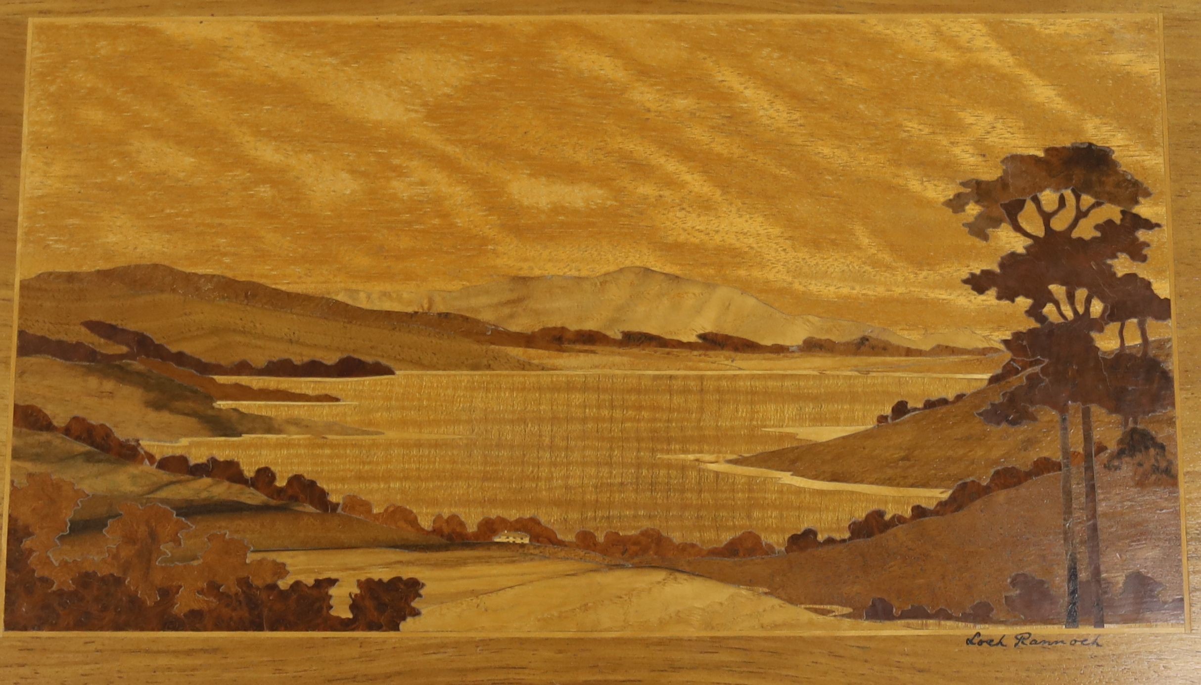 Two Scottish Bemochie marquetry panels, Urquhart Castle, Loch Ness and Loch Rannoch, dated 1949 and 1948 resp., 31 x 47cm